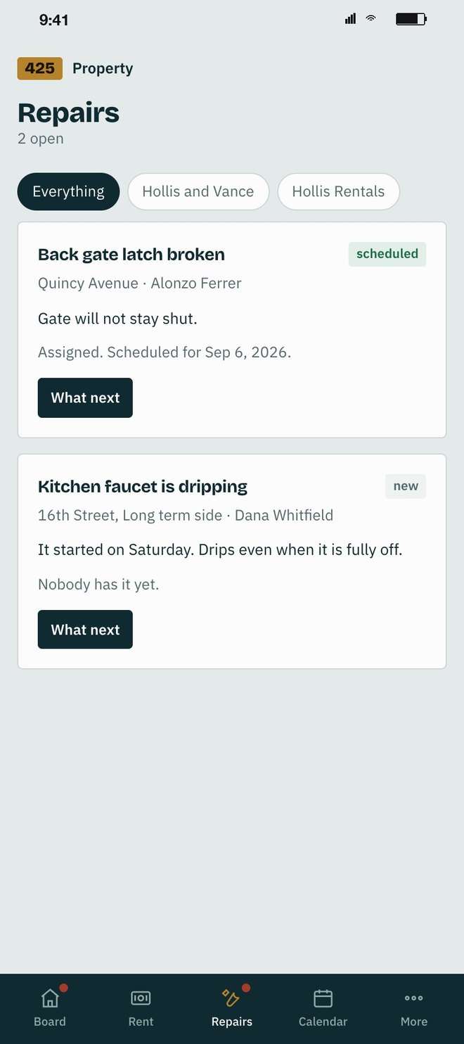Repairs: 2 open. Back gate latch broken at Quincy Avenue, scheduled, assigned for Sep 6. Kitchen faucet is dripping at 16th Street, new, nobody has it yet, with a What next button on each