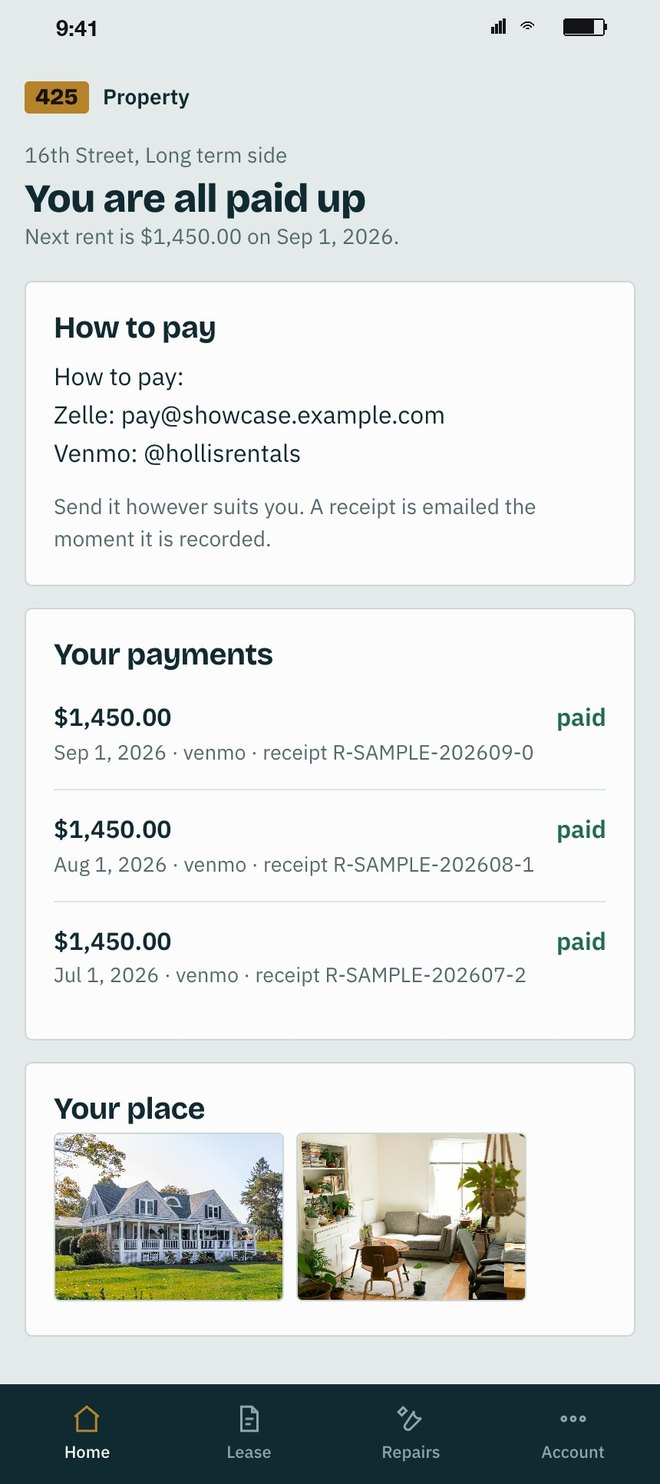 The tenant's door: you are all paid up, next rent is $1,450 on Sep 1, how to pay with the landlord's Zelle and Venmo, your payments with three months paid and a receipt number on each, and photos of your place