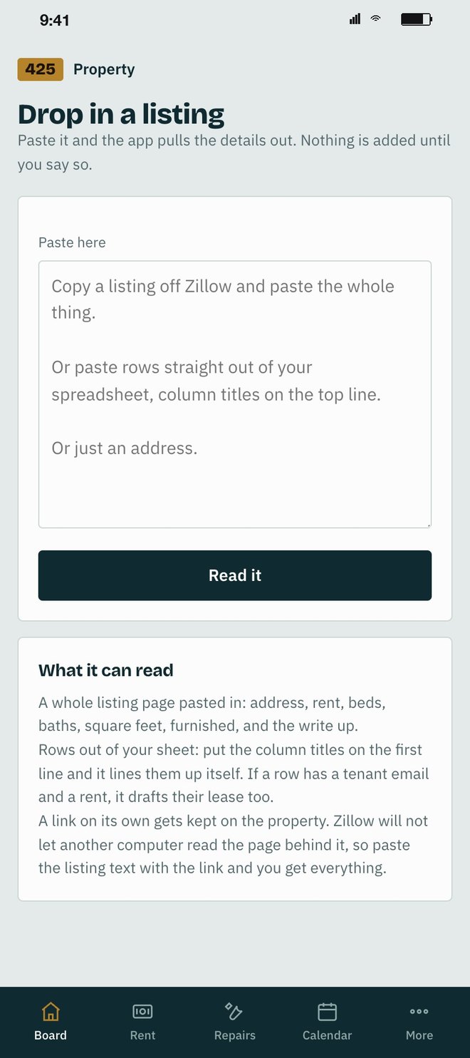 Drop in a listing: paste it and the app pulls the details out, nothing is added until you say so. A paste box for a Zillow listing, rows out of a spreadsheet, or just an address, a Read it button, and what it can read