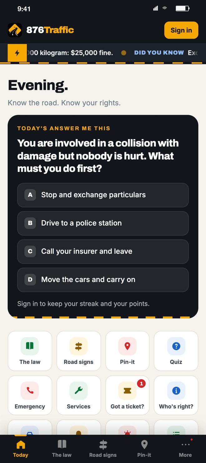 The Today screen: Answer Me This, a collision question with four answers, and the grid of sections