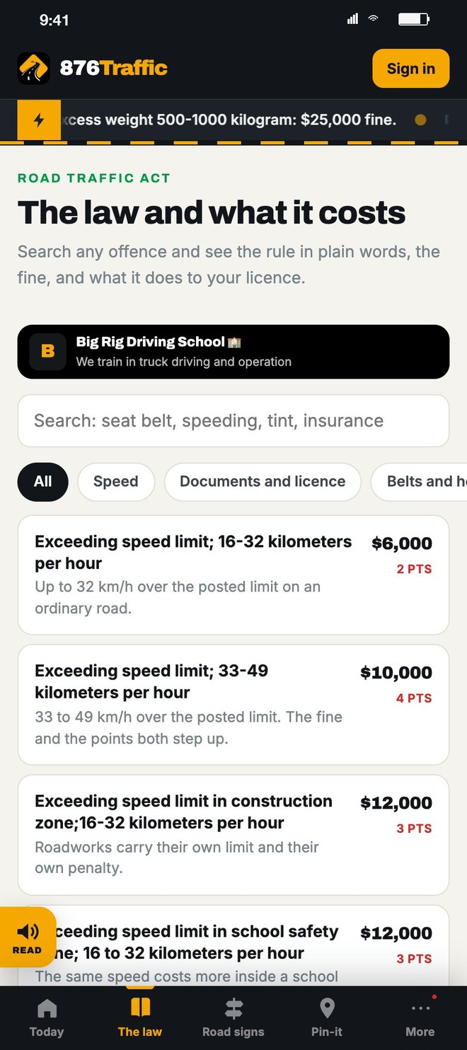 The Road Traffic Act: exceeding the speed limit with the fine and the demerit points