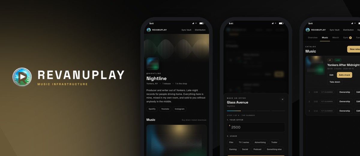 RevanuPlay: artist storefront, Sync Vault, rights and name your own fee