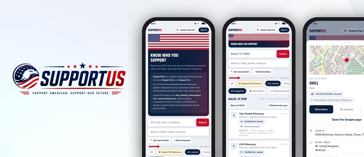 SupportUS: the flag front page, a Dallas search and a Shell listing with two owners