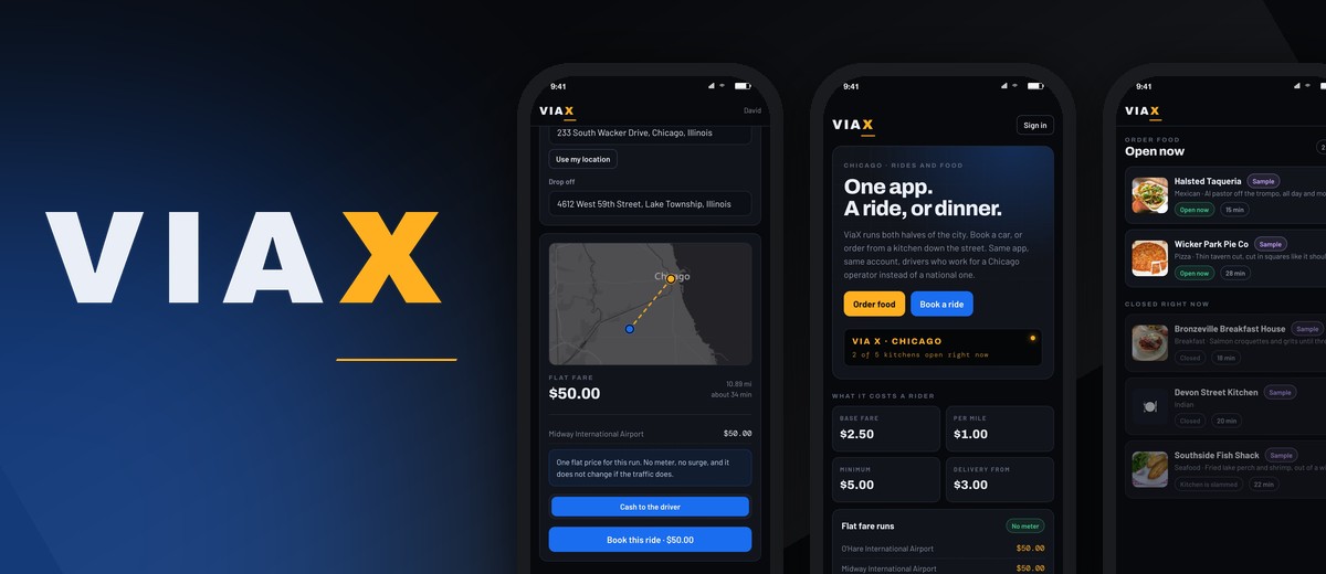 ViaX: a ride quote to Midway, the front door and the kitchens open now