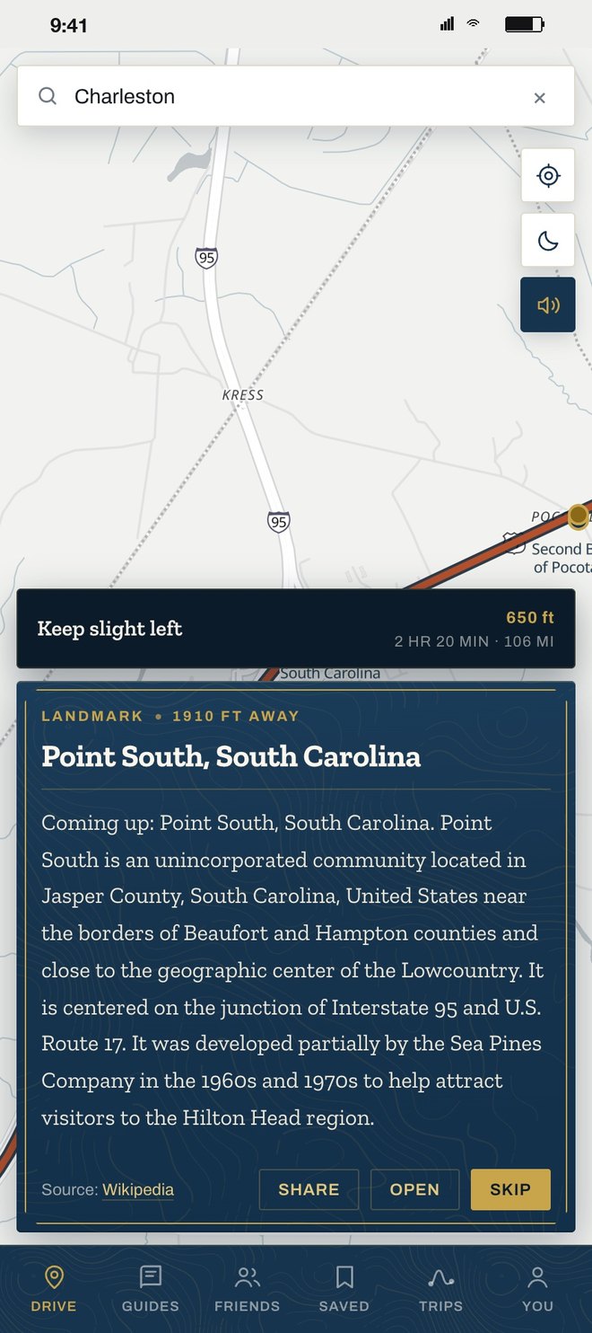A landmark narration card for Point South