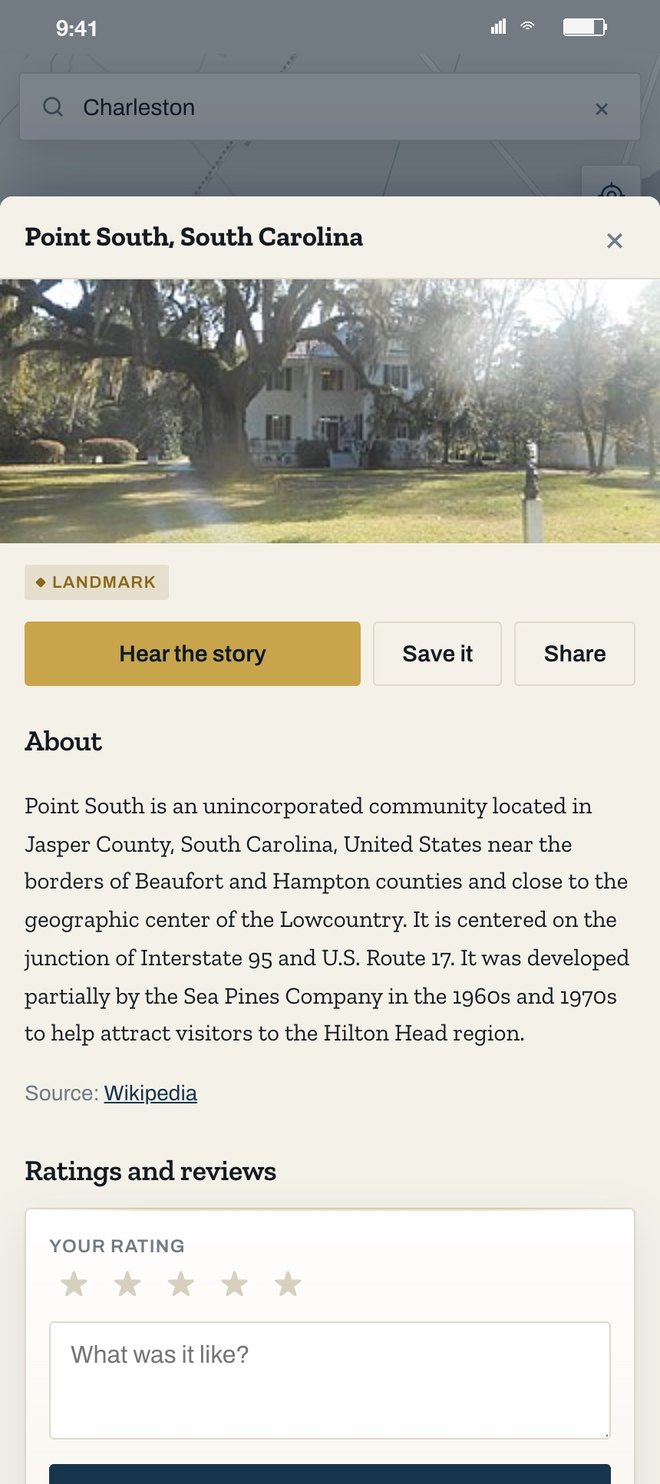 A place card with photo, story and ratings