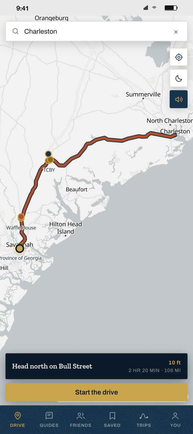 A route from Savannah to Charleston with stops marked