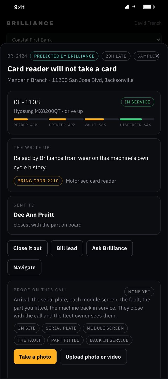 A call: predicted by Brilliance, the machine and its four part health bars, the write up, bring CRDR-2210, sent to the closest technician with the part on board, proof photos