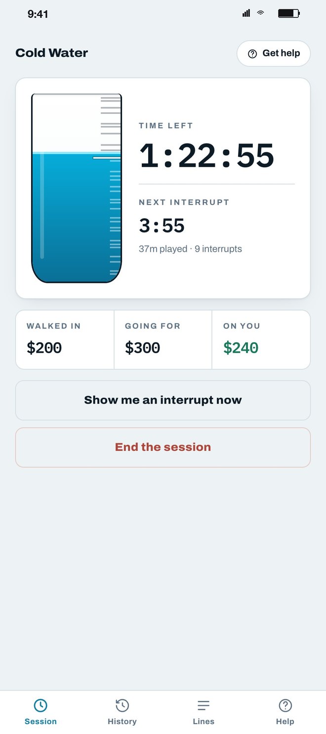 Live session: a glass draining as time runs down, 1:22:55 left, next interrupt in 3:55, 37 minutes played and 9 interrupts, walked in $200, going for $300, on you $240