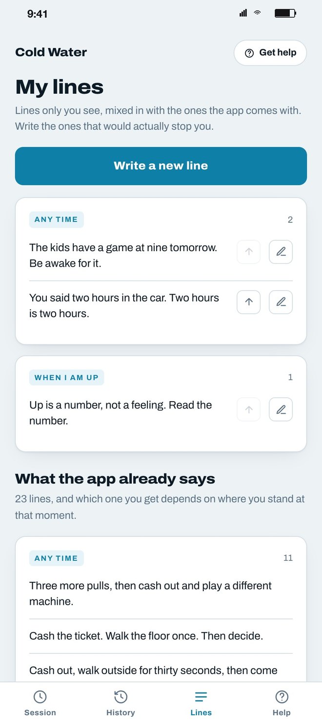 My lines: the player's own lines, tagged Any time and When I am up, above the lines the app already says