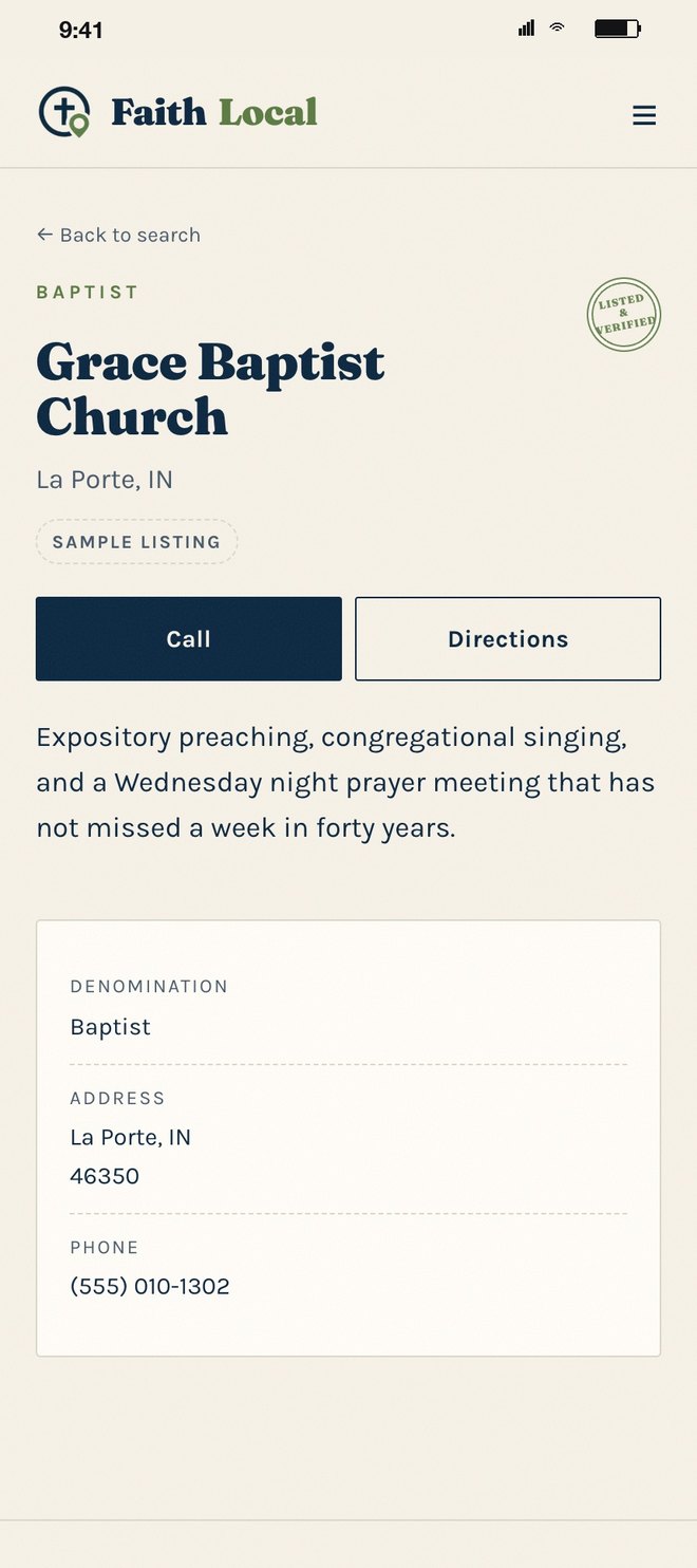 A church listing showing the denomination
