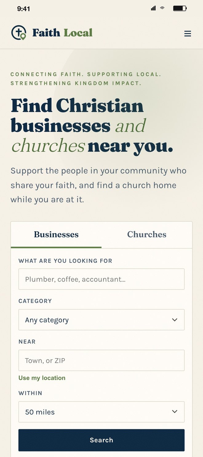 The Faith Local front page with the search box