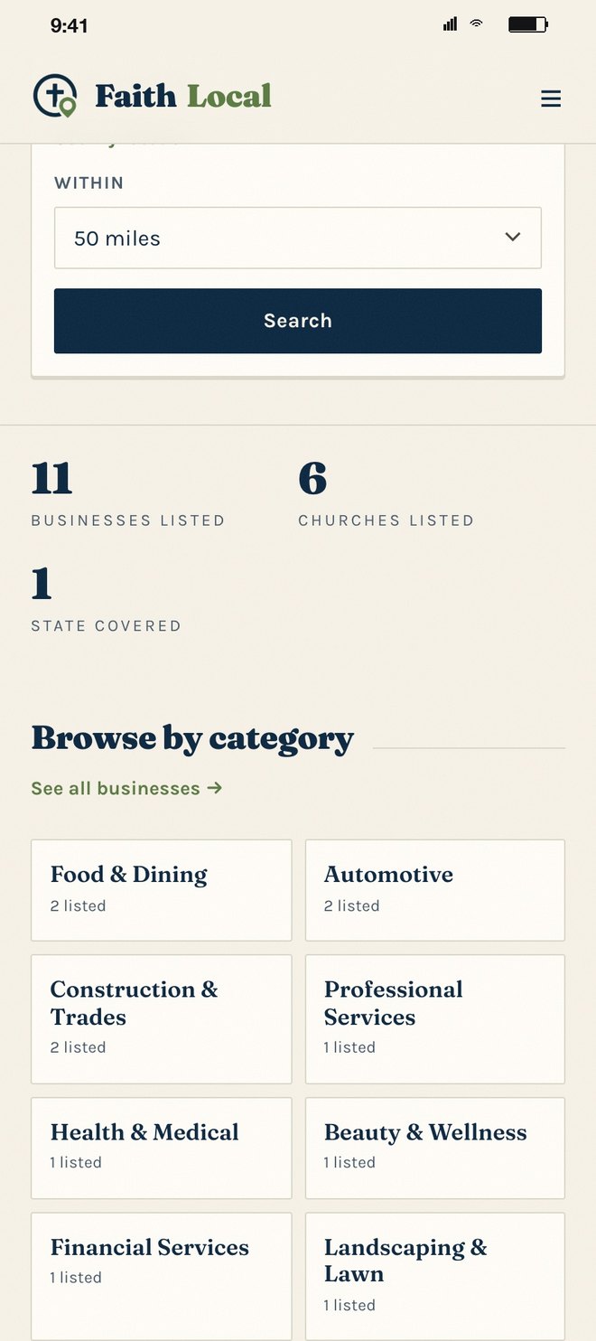 Live counts of businesses and churches, and the category grid