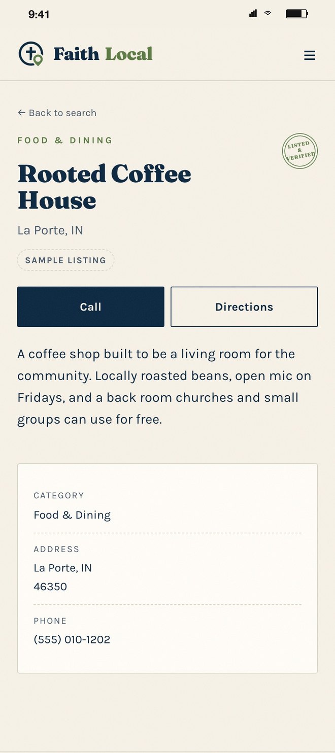 A business listing with Call and Directions buttons