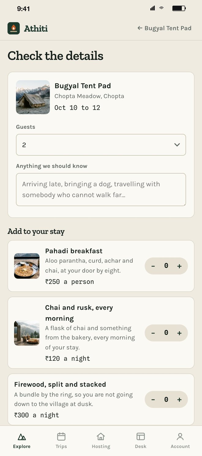 Checkout with add ons for breakfast, chai and firewood