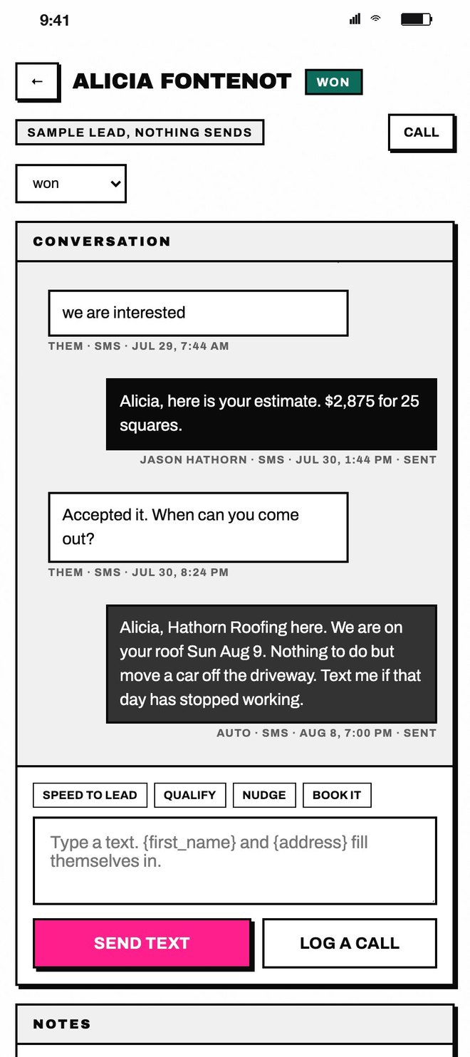 A lead file with the text conversation, the roof measurement and the booked install