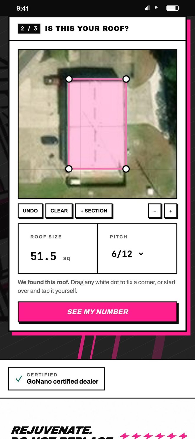 Step two: the roof outlined in pink on the satellite view, 51.5 squares
