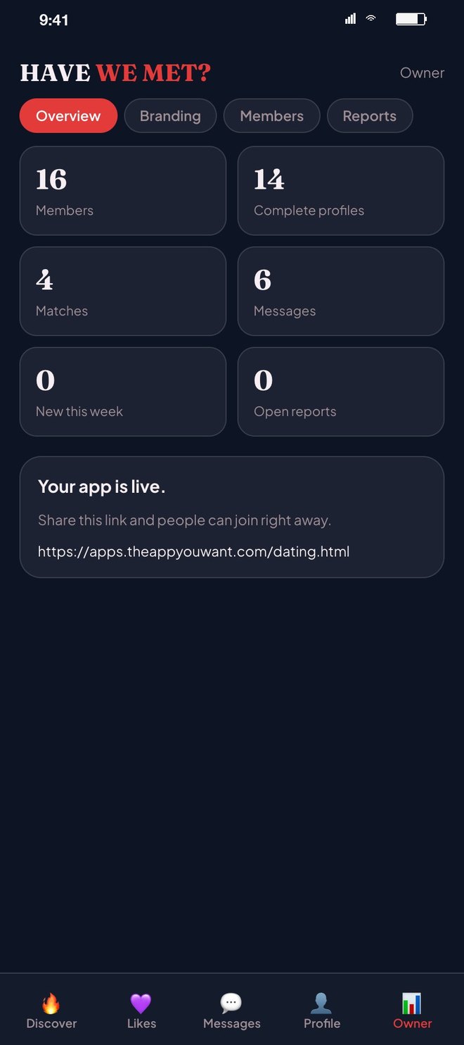 The owner dashboard: members, complete profiles, matches, messages