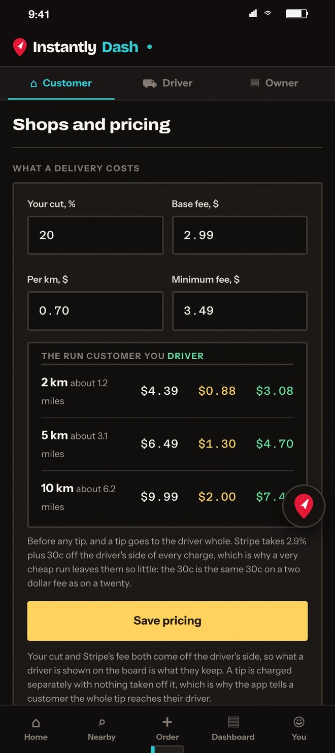 Shops and pricing, the owner's screen