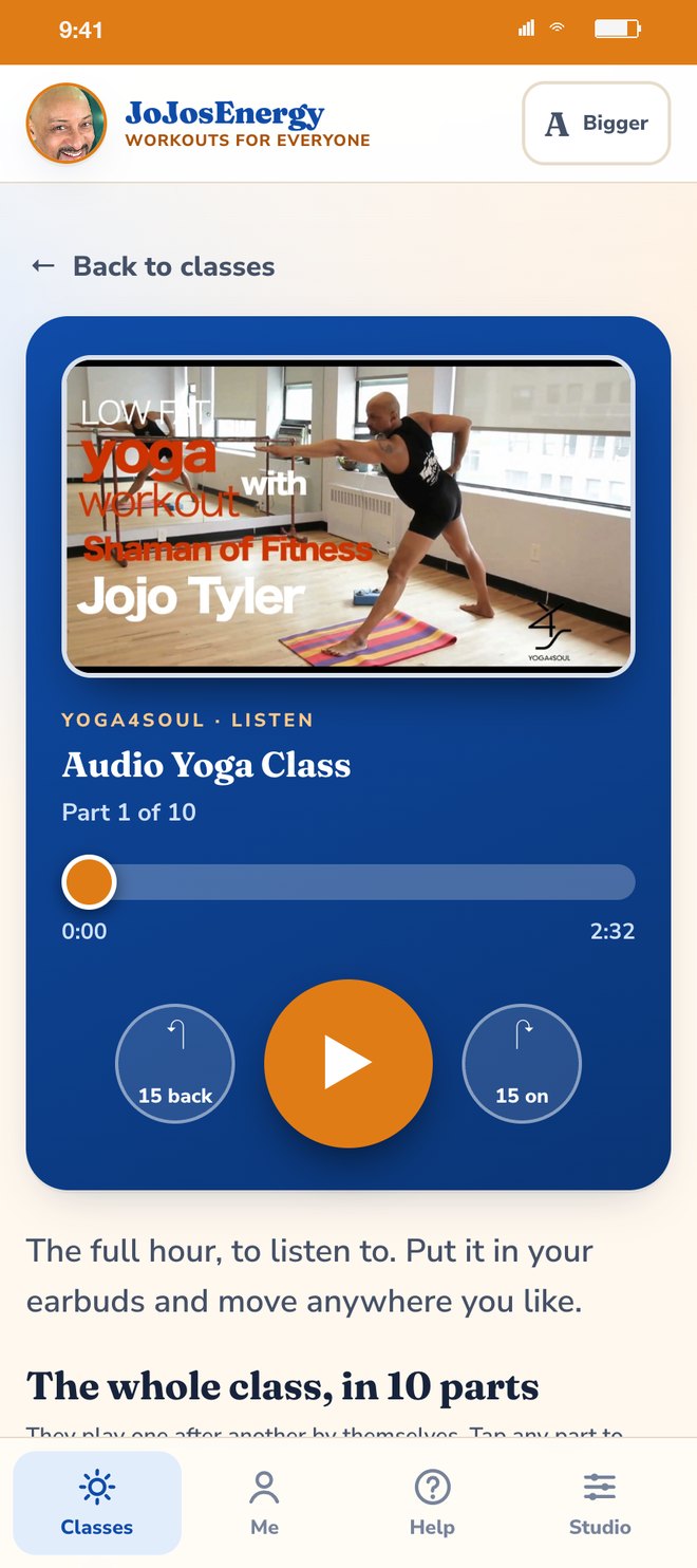 The audio yoga class player: part 1 of 10, a big play button, 15 back and 15 on