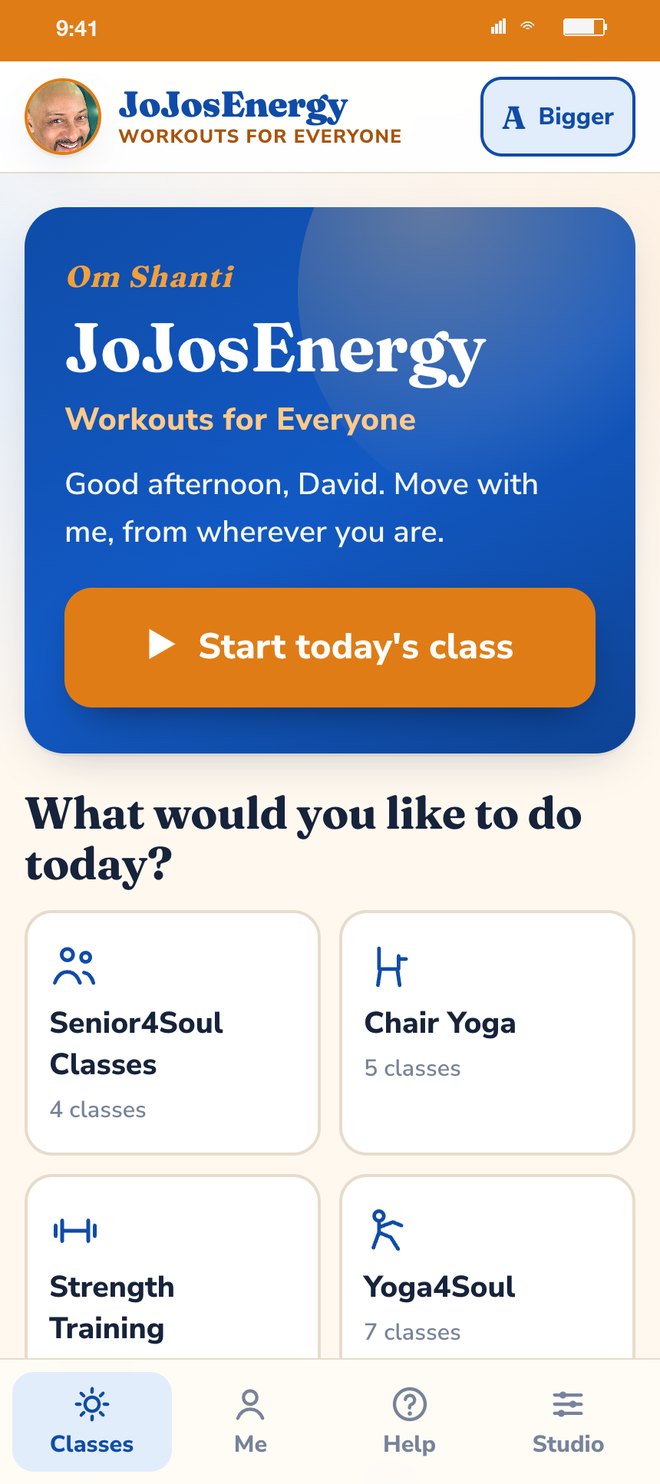 The same home screen with the Bigger button on, every word larger