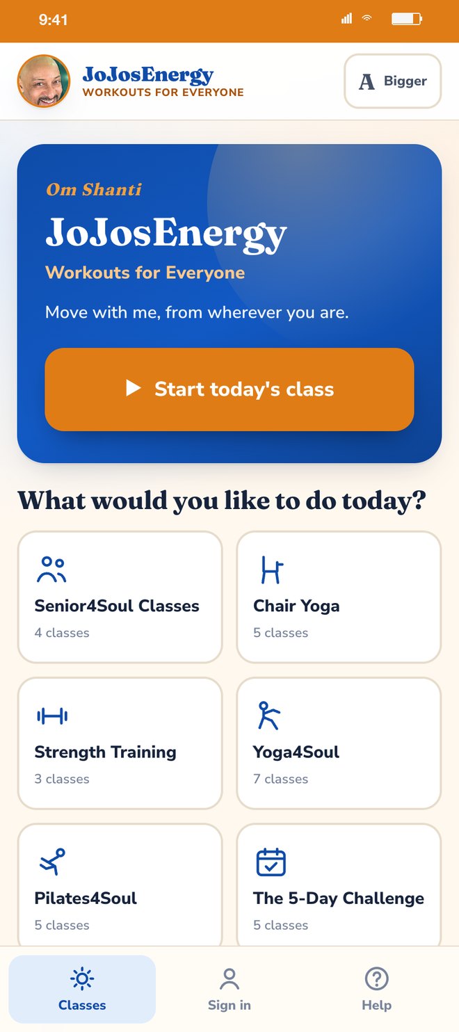 The home screen: Start today's class, then the seven sections with a class count on each