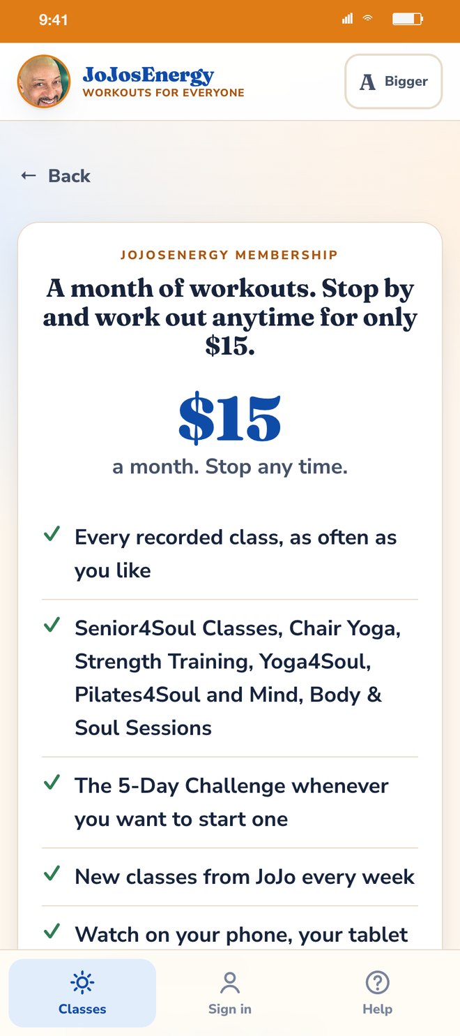 The membership page: a month of workouts for $15, with what is included