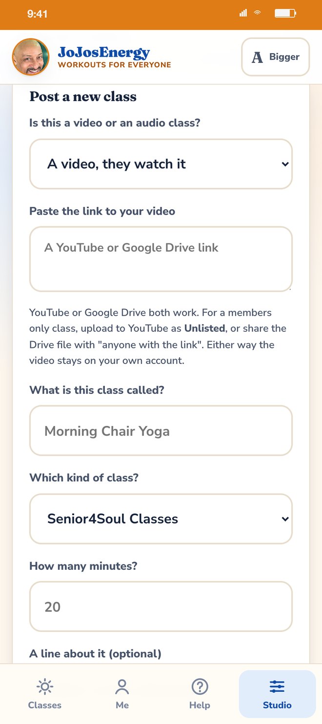 The studio: post a new class by pasting a YouTube or Google Drive link, naming it and picking the kind