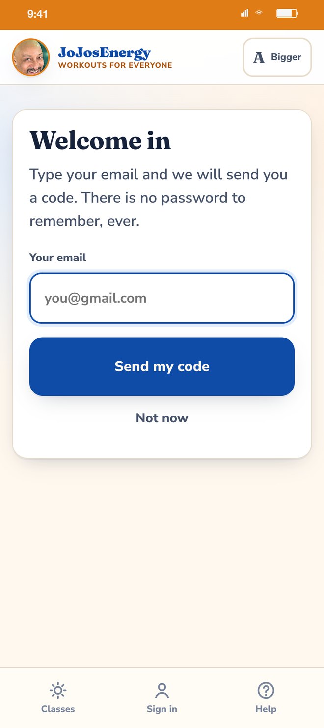 Welcome in: type your email and we send you a code, there is no password to remember, ever