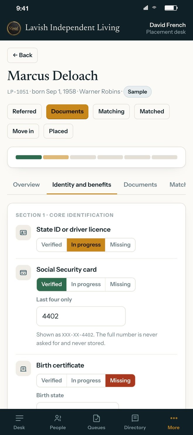 Identity and benefits on a person's file: State ID in progress, Social Security card verified with only the last four kept, birth certificate missing with a birth state field
