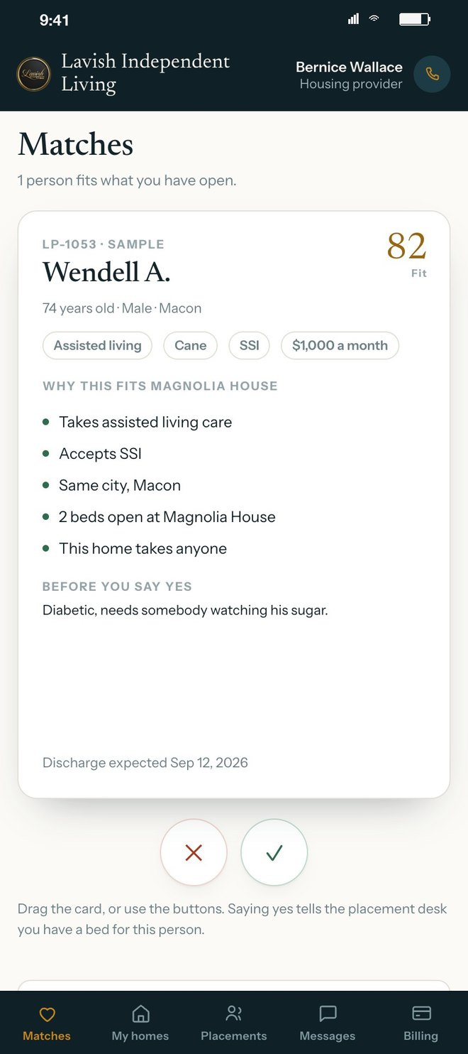 A home provider's Matches deck: Wendell A., 82 fit, assisted living, cane, SSI, $1,000 a month, why this fits Magnolia House, what to know before you say yes, and accept or decline buttons