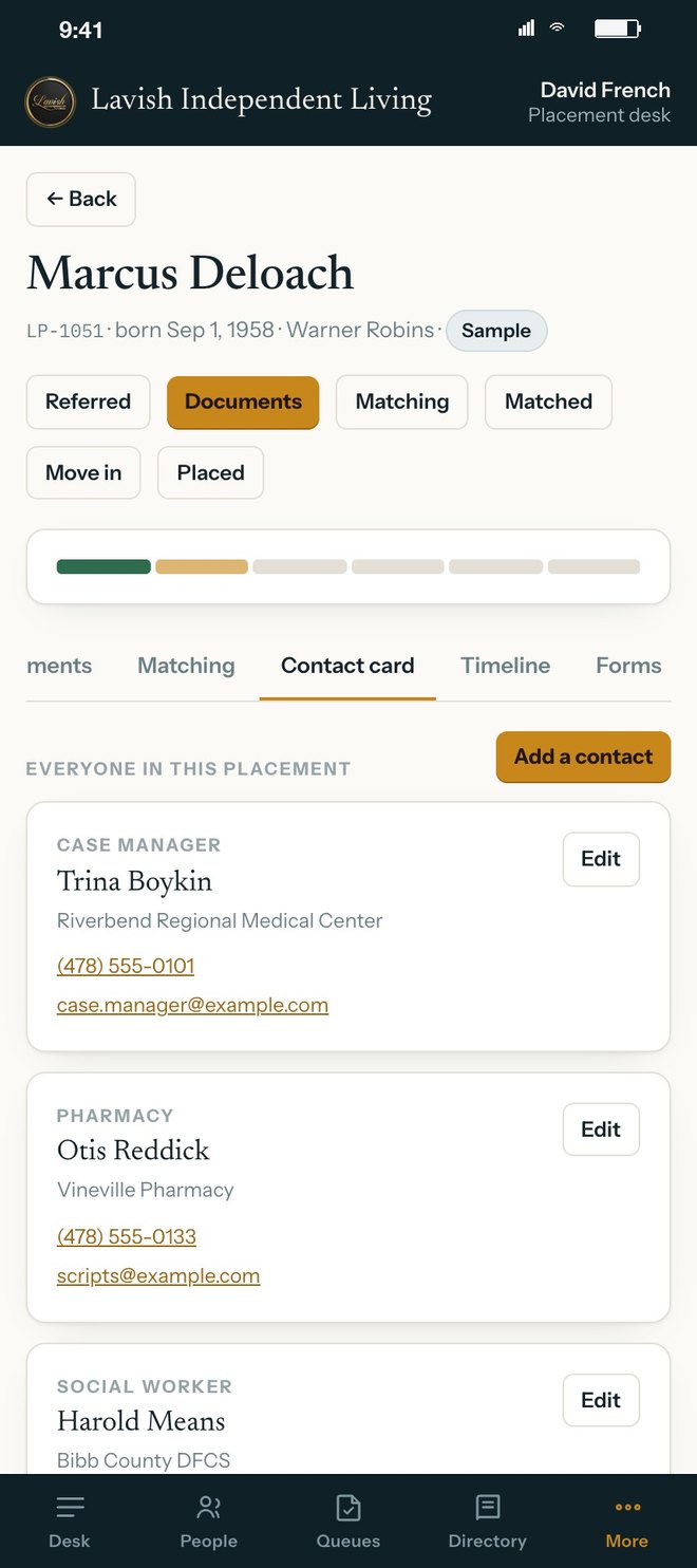 Contact card on a person's file: everyone in this placement, the case manager, the pharmacy and the social worker, each with organization, phone and email