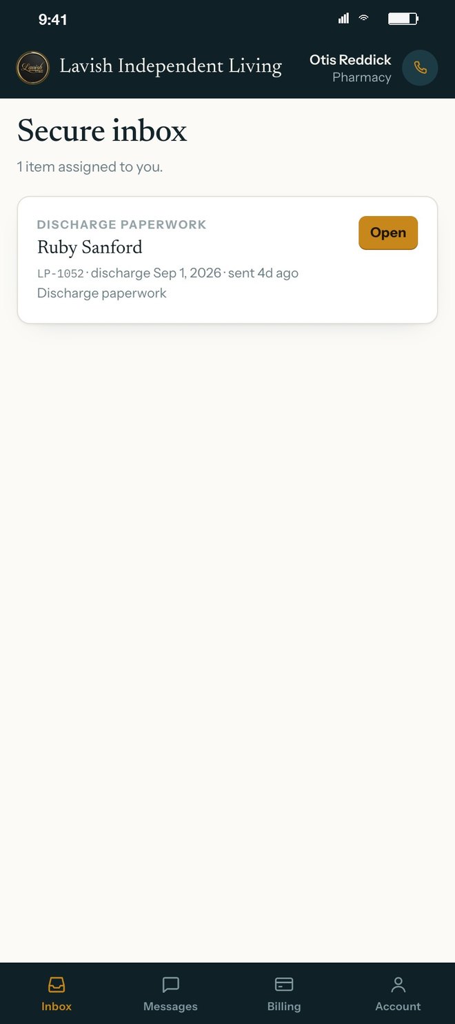 A pharmacy's secure inbox with one item assigned: discharge paperwork for a person, sent 4 days ago, with an Open button