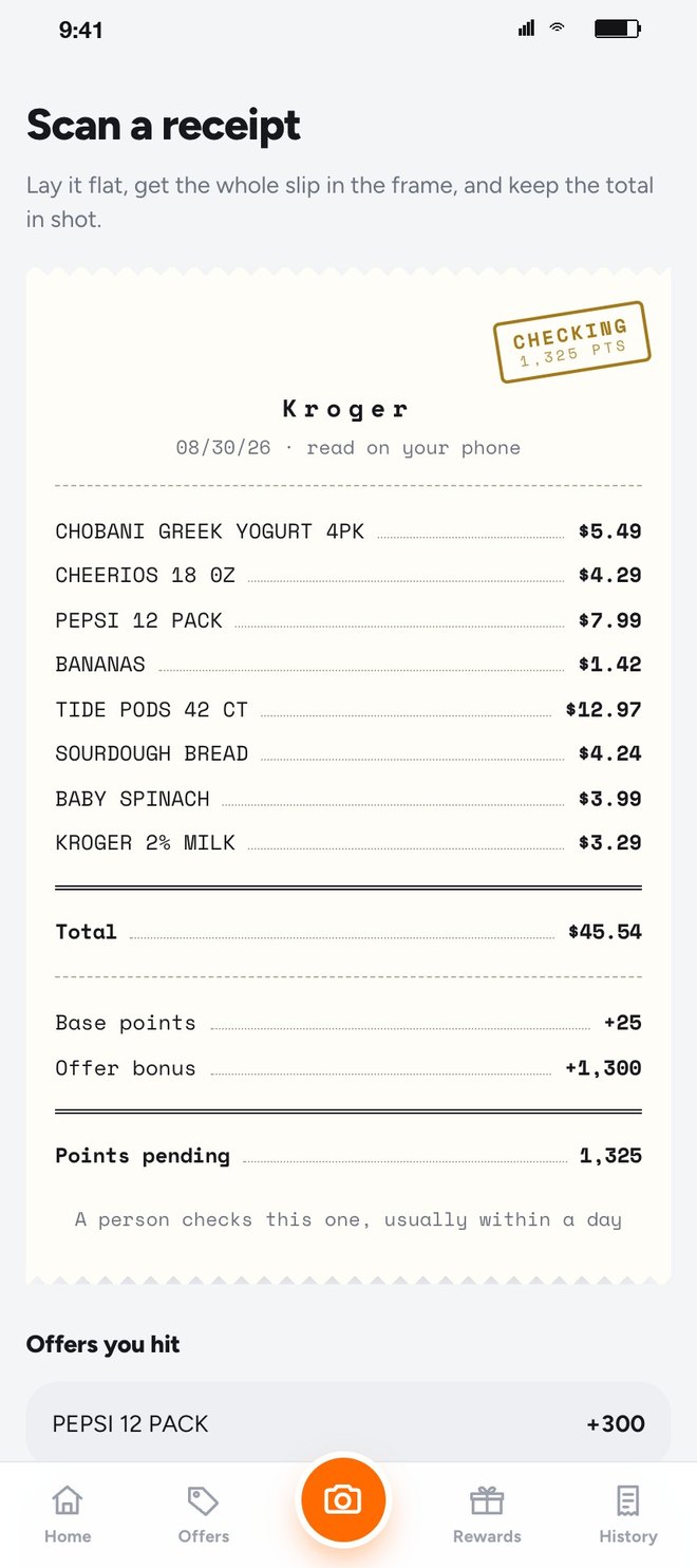 A scanned Kroger receipt: eight item lines, the total, base points, offer bonus, points pending, offers you hit