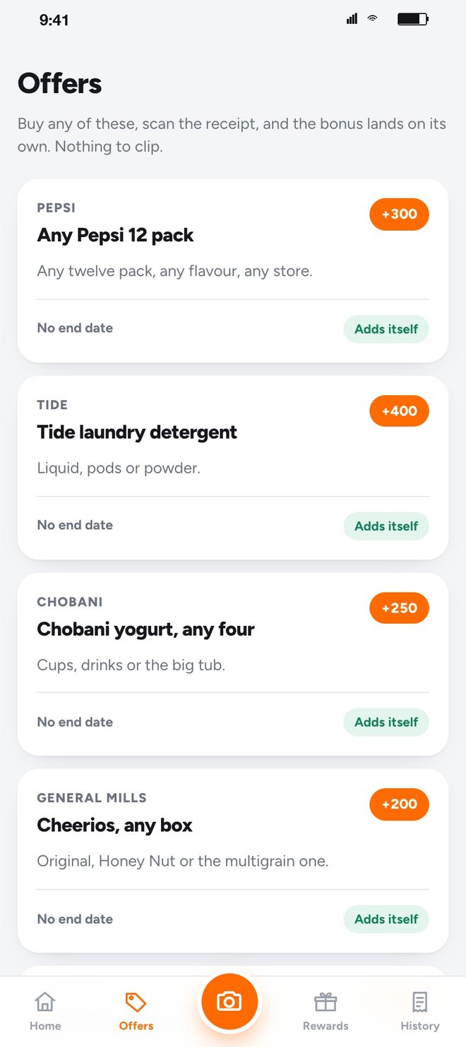 Offers: Pepsi, Tide, Chobani, General Mills, each with bonus points and Adds itself