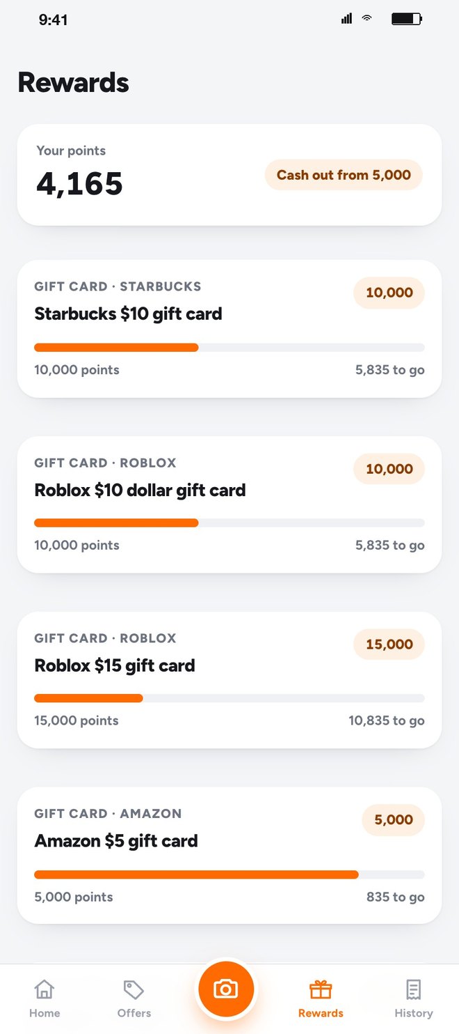 Rewards: Starbucks, Roblox and Amazon gift cards with progress bars and points to go