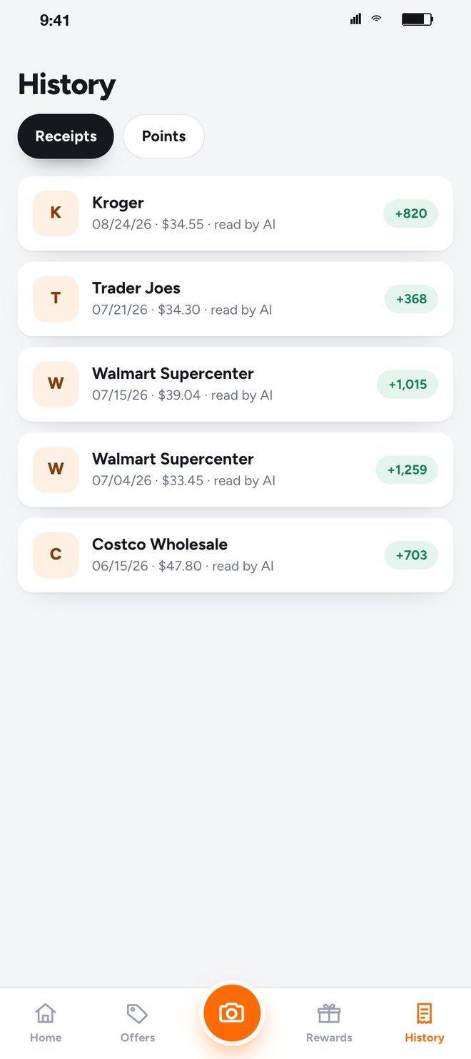 History: receipts by store and date with points earned, and a Points tab