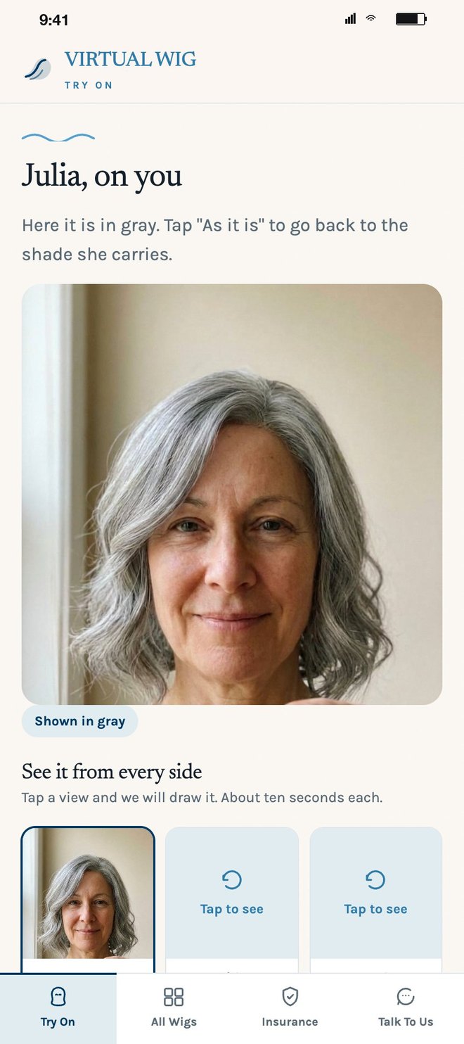 The same wig shown in gray on the same face
