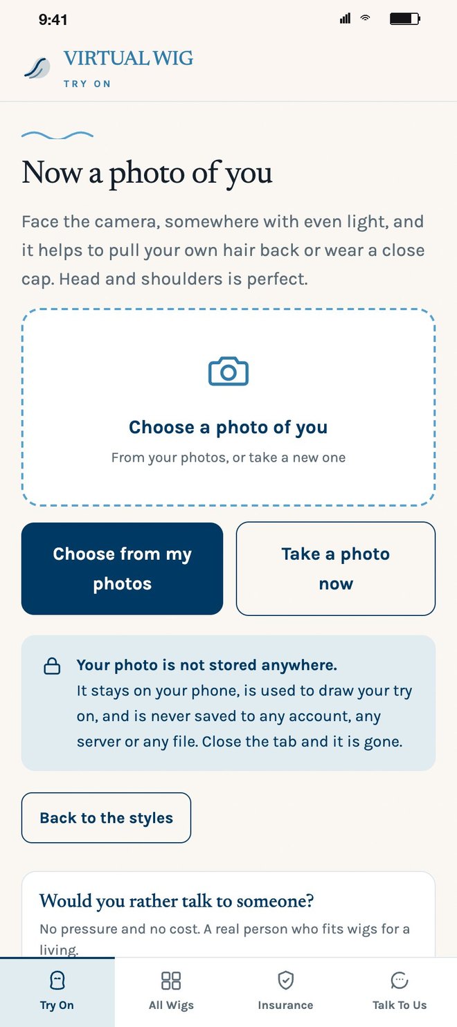 Now a photo of you: choose from your photos or take one, with the never-stored promise