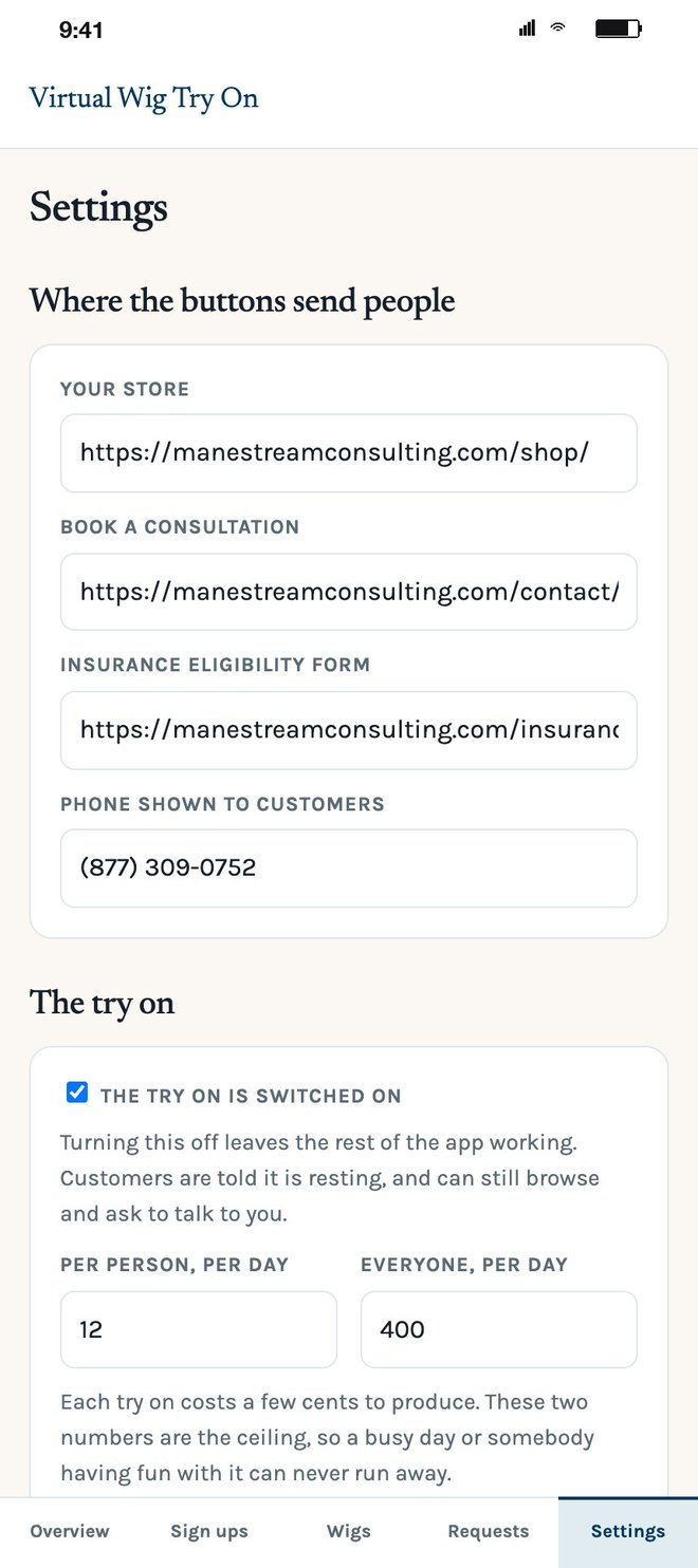 The owner settings: where the buttons send people, the try on switch and the daily caps