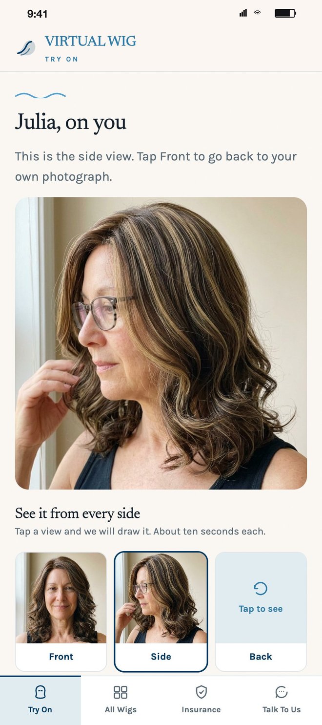 The side view of the same wig on the same face