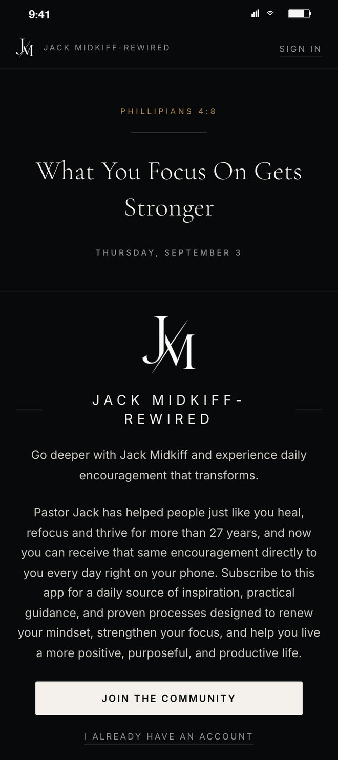 The front door: today's scripture reference and title, the JM monogram, and Join the community