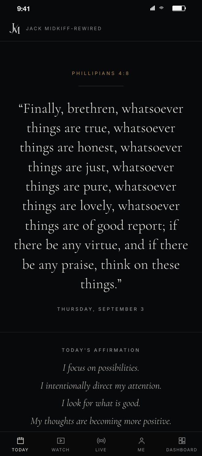 Today: Philippians 4:8 set large in serif, with the day's affirmation under it