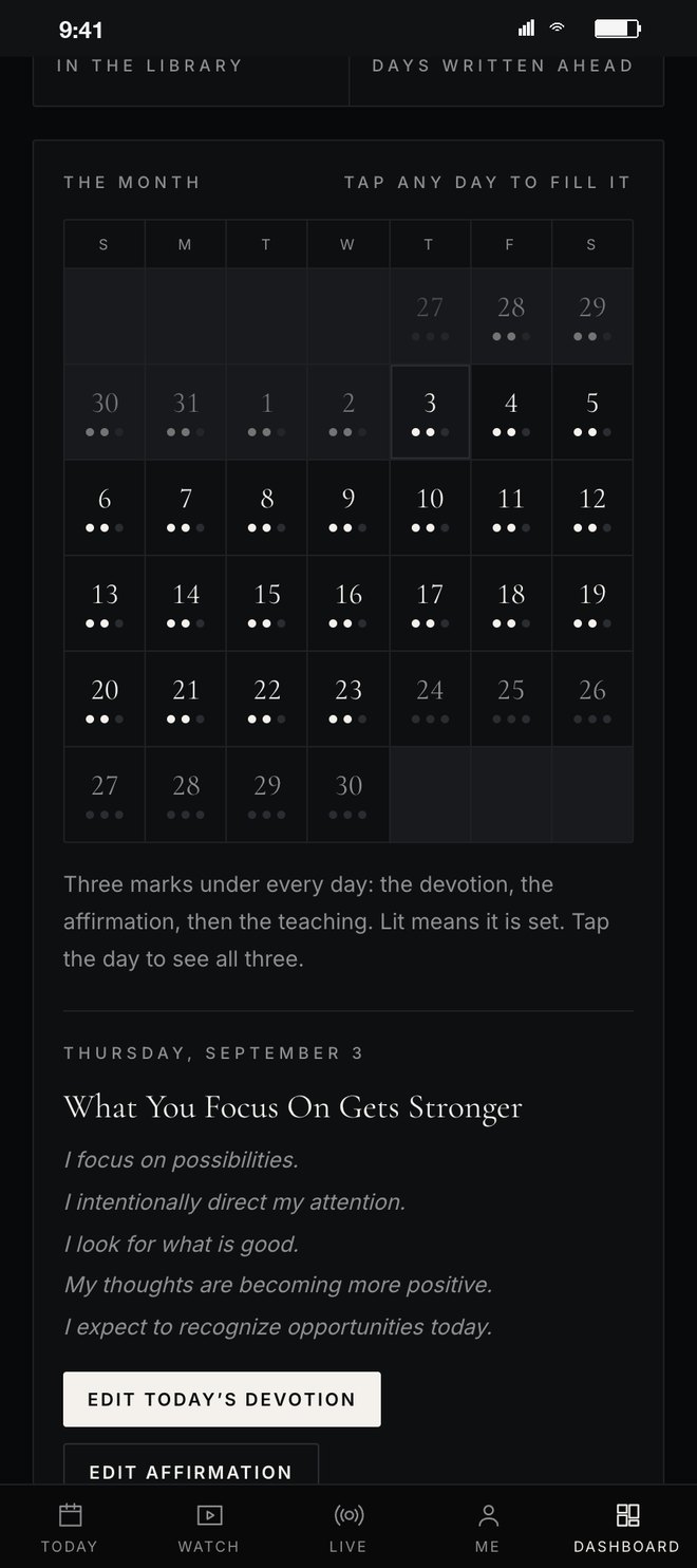 The dashboard month: every day with three marks for the devotion, affirmation and teaching