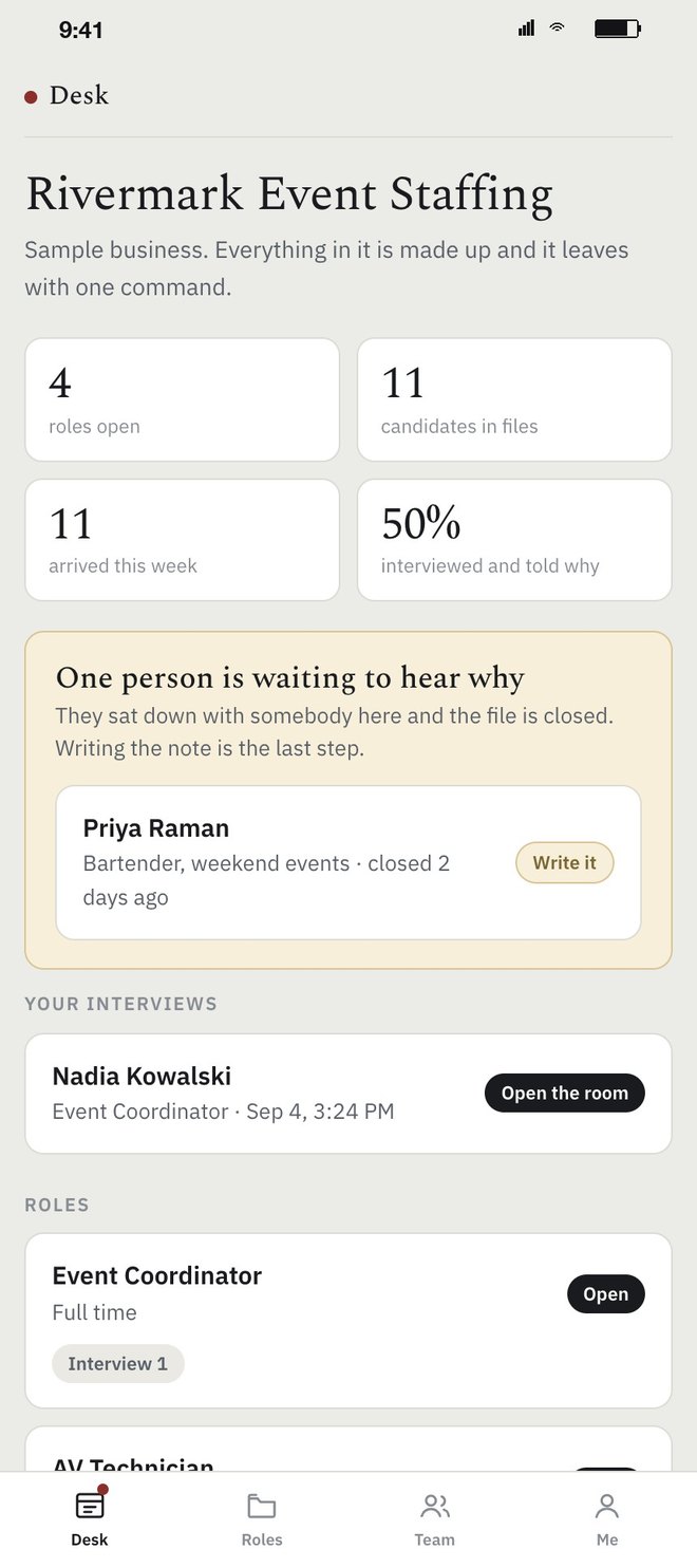 The hiring desk for a sample staffing agency: 4 roles open, 11 candidates in files, 11 arrived this week, 50% interviewed and told why, a manila box saying one person is waiting to hear why with a Write it button, then your interviews and the open roles