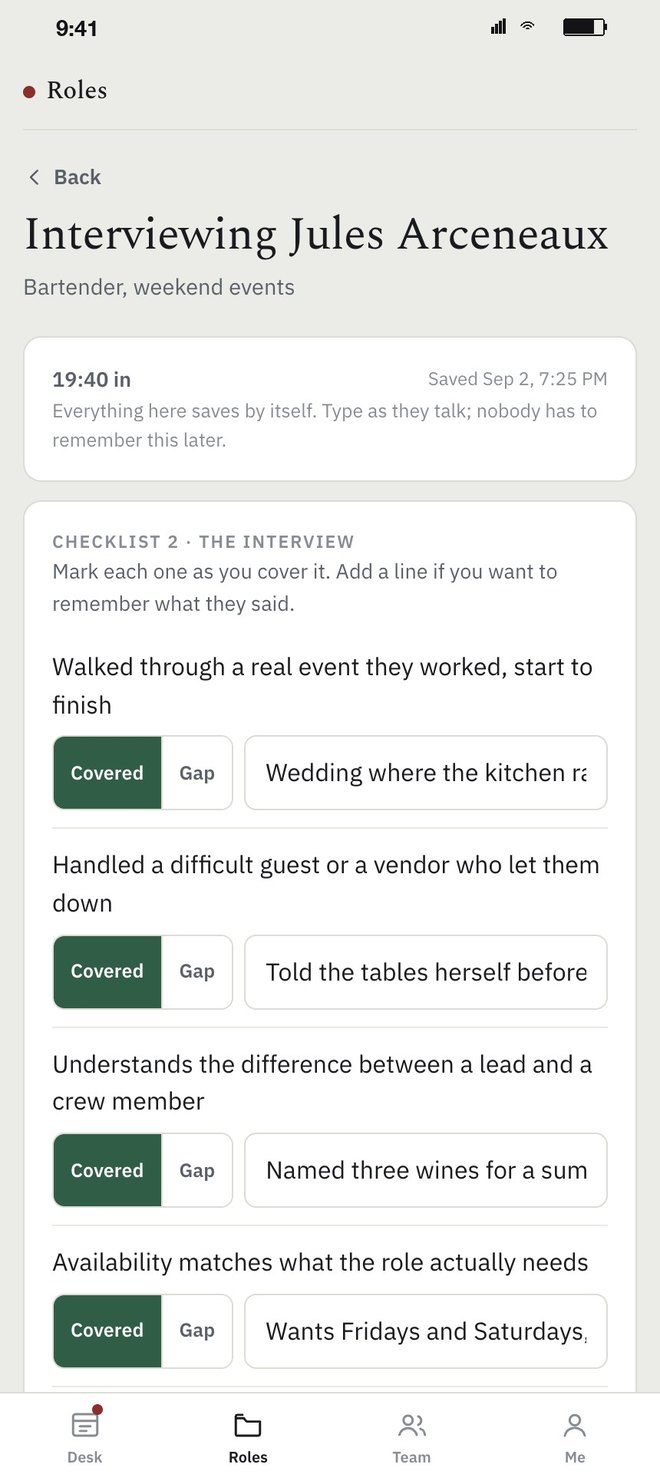 The interview room, 19 minutes in, for a weekend bartender: checklist 2, the interview, with Covered and Gap toggles on each line and a note typed beside each one, such as told the tables before being asked