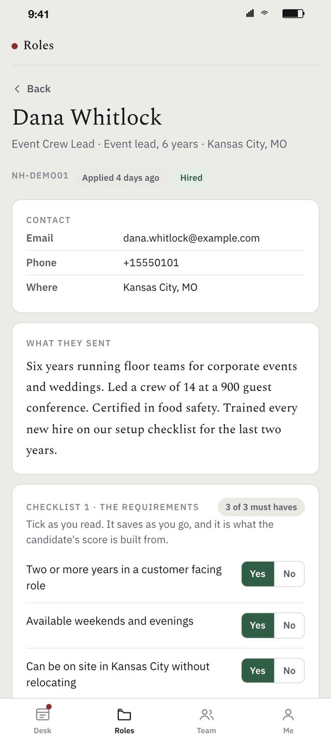 A candidate's file: contact details, what they sent, and checklist 1, the requirements, with Yes and No toggles showing 3 of 3 must haves, tagged Hired