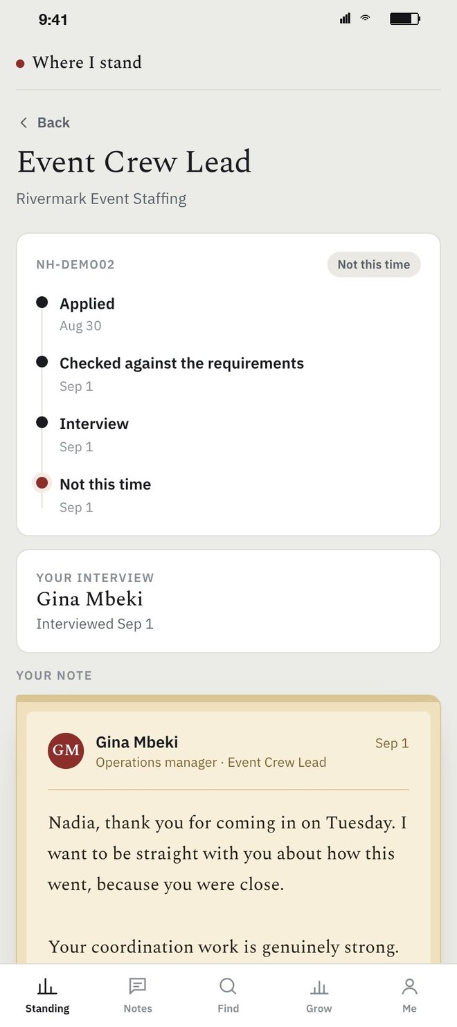 The candidate's view of one role: applied Aug 30, checked against the requirements, interview, not this time, then who interviewed them and the note they were written, on a manila card, starting with thank you for coming in on Tuesday, I want to be straight with you