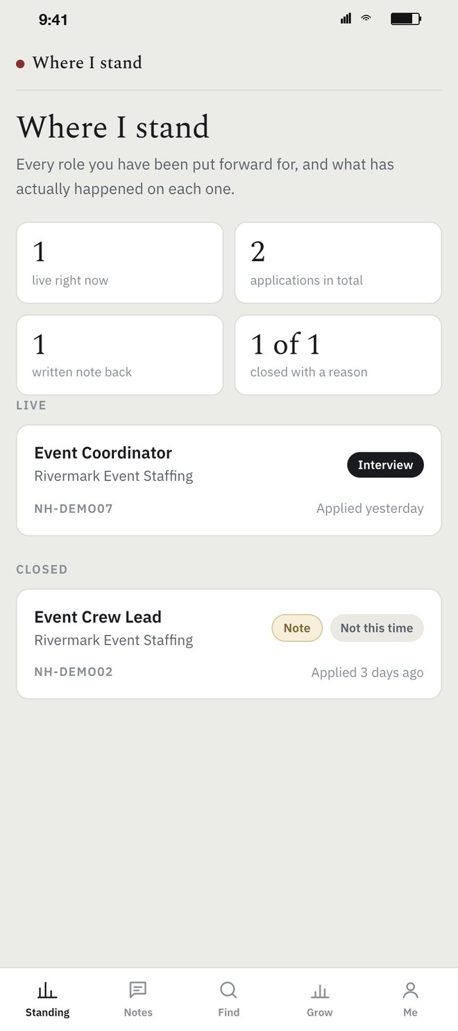 Where I stand: 1 live right now, 2 applications in total, 1 written note back, 1 of 1 closed with a reason, then a live Event Coordinator application at the interview stage and a closed Event Crew Lead one tagged Note and Not this time