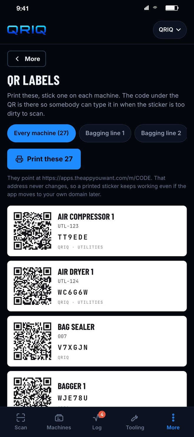 Printable QR labels for every machine